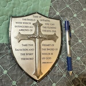 Christian Silver Shield Wall Decor with Cross Design